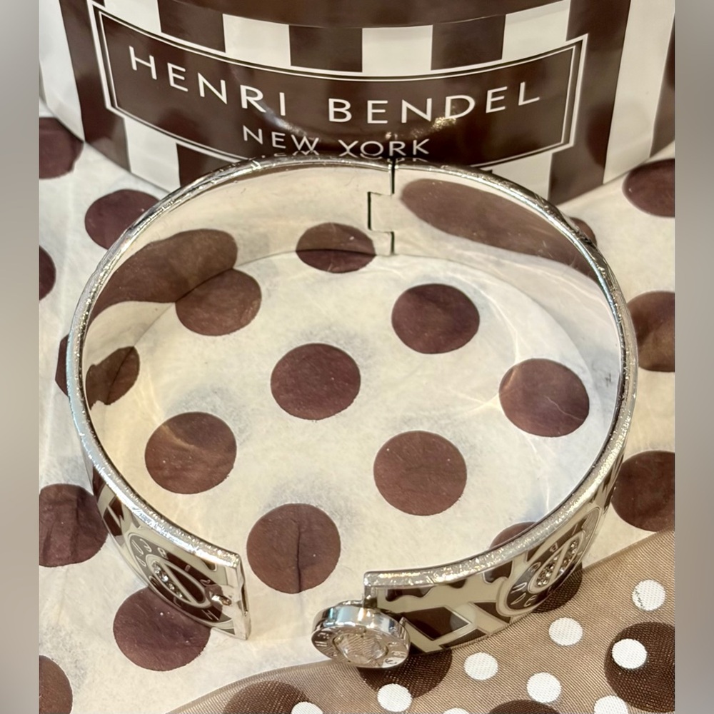 HENRI BENDEL Cream and Brown Enamel Logo Bangle Cuff w/Gold Accents & Crystals - Picture 6 of 16